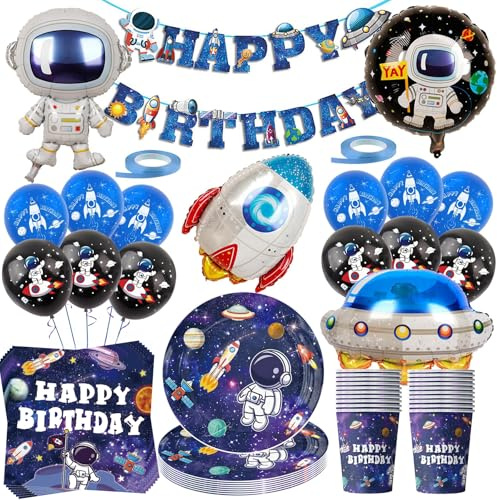 Lote de 79 decoraciones de fiesta espacial - Vajilla de celebración con globos, astronautas - Platos, servilletas, cohetes, naves espaciales