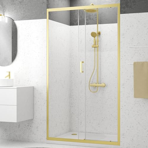 Marwell Walk In Doccia Golden Stage 120 x 200 cm – Porta scorrevole con pannello doccia in vetro di sicurezza monolastra da 6 mm – Larghezza apertura 49 cm – con profili in alluminio dorato di alta