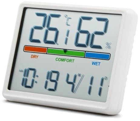 vesaneae Termómetro Higrómetro Interior, Termómetro Digital, Higrómetro Alta Precisión, Termohigrómetro LCD con Reloj y Fecha, Medidor de Temperatura y Humedad para Hogar y Oficina (Blanco)