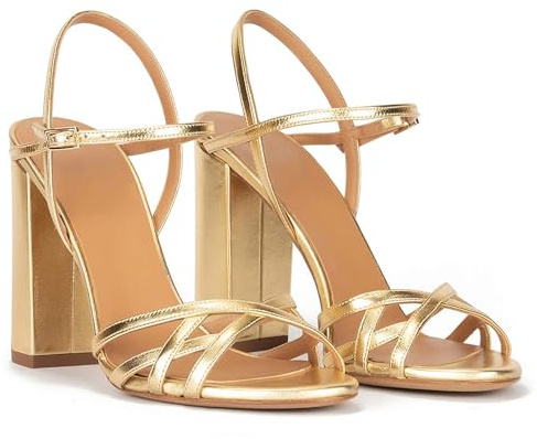 Rozhuhro Sandalias de tacón Grueso con Tiras y Punta Redonda para Mujer Moda Verano Punta Abierta Correa el Tobillo Sandalias tacón Alto Gruesas Vestido cómodo Zapatos Boda para Fiesta,Oro,34 EU