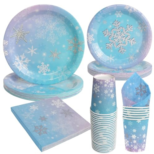 Party Go 96pcs Snowflake Tableware Set Winter Wonderland Disposable Tableware Plates with Napkins Cups for Christmas Holiday New Year Frozen Theme Birthday Baby Shower Party Decorations