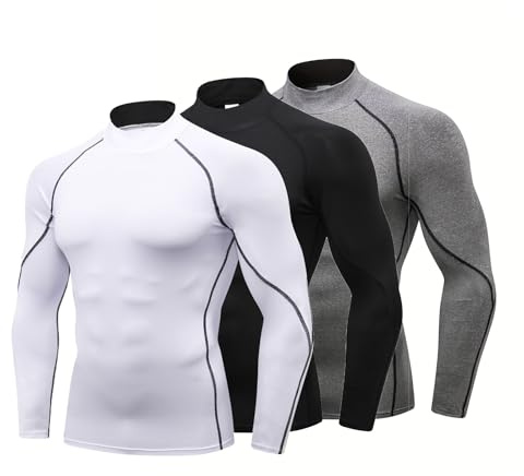 YUSHOW 3-pack herr kompressionströja långärmad funktionell skjorta sportskjorta fitness skjorta löpskjorta andas jogging gym löpning, Svart + grå + vit, M