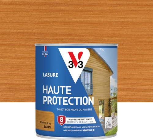 V33 Lasure Bois extérieur Chêne doré satin - Haute Protection 8 ans - Haute résistance hydrofuge et anti-UV - Résiste aux variations du bois - Ecolabel, résine d'origine végétale - 0,75L