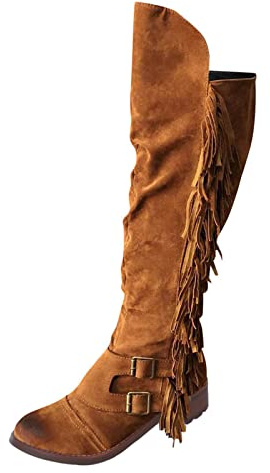 Bottes longues doublées chaudes et élégantes pour femme | Bottes hautes à franges rétro avec talon | Bottes de neige à pompon avec fermeture éclair latérale Bottes d'hiver Western Bottes d'hiver