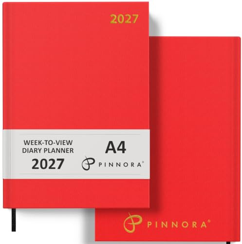Pinnora 2027 Diary A4 Week to View, Red Year Planner Organiser 2027 Week To View, 2027 Planner, Home, School & Office, Hard Back 2027 Diaries, A5 & A4 2027 Diary in Day Per Page & Week To View