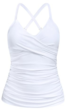 Ocean Blues Women's White Tummy Control Tankini Swimuit Top Push Up V-Neck Tankini Top Only Size Medium