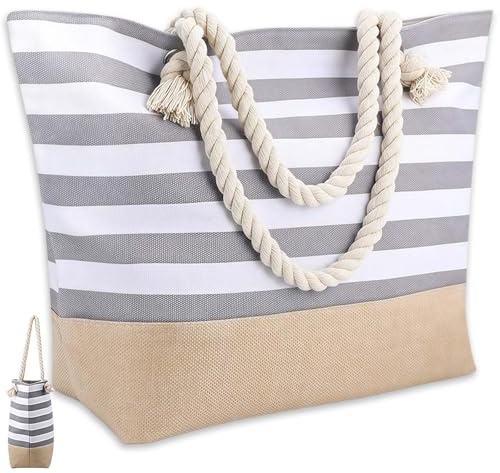 Sac De Plage Femme XXL Sac Plage Tote Bag Femme Grand Poches Sacs À Cabas Avec Fermeture Éclair Pour Plage Voyages Gym Piscine