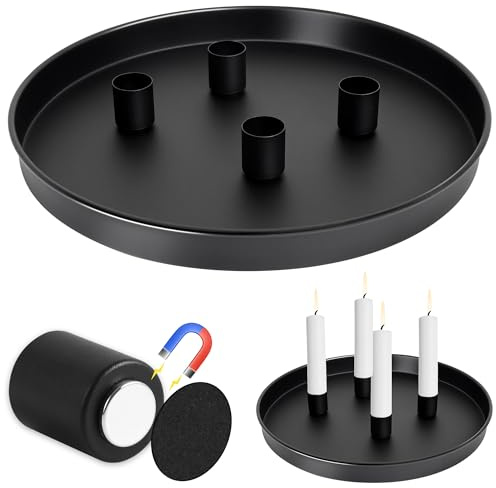 Gucass Magnet Kerzentablett für Advent Ø 25 cm mit 4 magnetischen Metall Kerzenständer Weihnachten Stabkerzenhalter Adventskranz Deko Tablett Festtags Kerzen Ständer, Farbe Schwarz