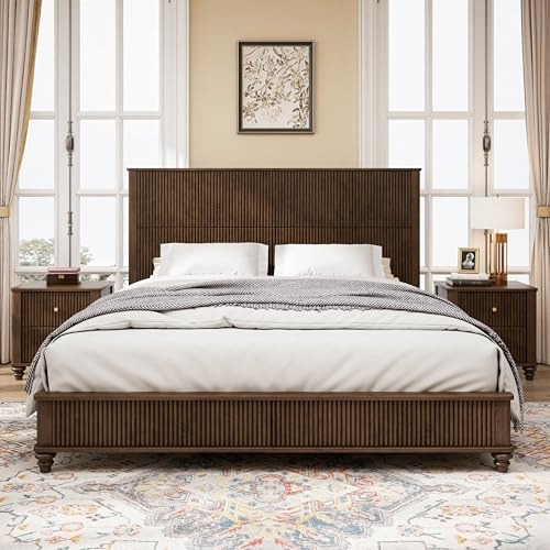 GDFStudio Jabodt King Size Solid Wood Platform Bed, King Platform Bed Frame, Natural Wood Frame, 53.94 Tall Headboard and Footboard, Slats Panel Support, No Box Spring Needed, 800lbs Walnut