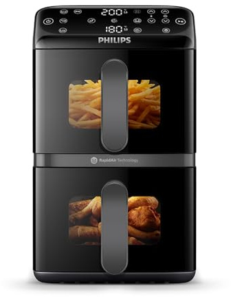 Philips Airfryer 4000 Series Stacked Dual Basket, Gestapelte Heißluftfritteuse mit 2 Körben, 10L, RapidAir Technologie, 45% weniger Platzbedarf, PFAS-freie Keramikbeschichtung, Sichtfenster (NA460/00)
