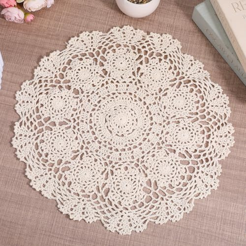 Vintage Crochet Lace Doily 15.5 Inch, Handmade Cotton Lace Placemat Round | Rustic Table Decor for Farmhouse Dining Room, Wedding Party & Home, Beige Bohemian Centerpiece