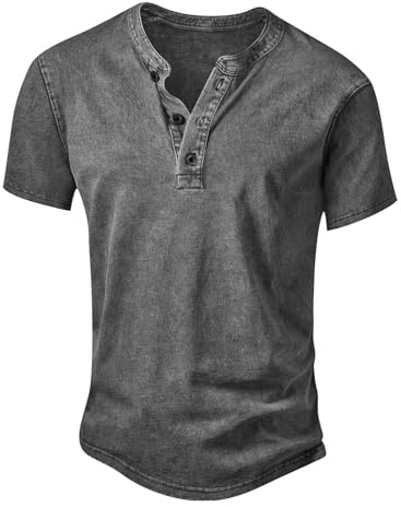 Anelune Men's Distressed Henley Short Sleeve T-Shirts, Grey, 2XL