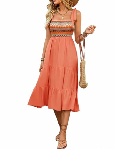 KUNJLELP Robe Femme Été Bohème sans Manches Robe Midi à Bretelles Nouées avec Smock Ethnique Robe Casual A-Line Fluide pour Plage Vacances