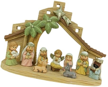 JTQYFI Belén de Navidad estable, figuras de la Sagrada Familia, decoración de mesa para interiores, Sagrada Familia, estatua de resina con establo
