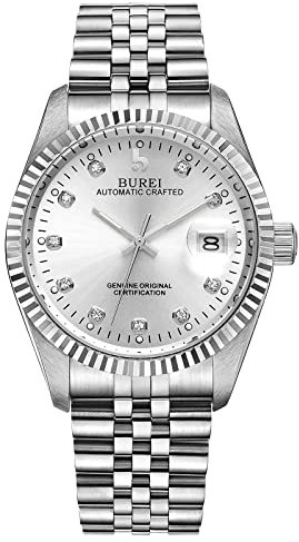BUREI 38mm Automatik Uhr Herren Luxus Diamant Armbanduhr für Männer Mit Saphirglas Datumskalender (Silber)