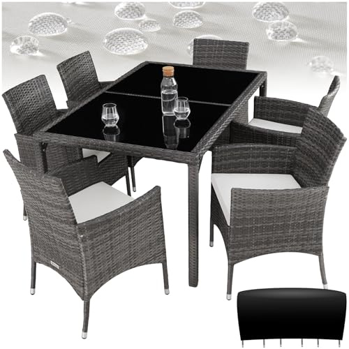 tectake® Conjunto Jardín Exterior de Ratán y Aluminio, Muebles Jardín Exterior Resistentes a Intemperie, para hasta 6 Personas, con Tornillos de Acero INOX. y Funda Protectora - Gris