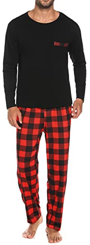 Sykooria Pijama Hombre Manga Larga Conjuntos de Pijama Algodón 2 Piezas Ropa de Dormir de Invierno Camisa y Pantalones de Pijama