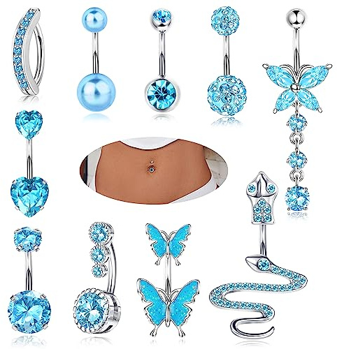 YADOCA 10 Pezzi 14G Piercing Ombelico per Donna Acciaio Chirurgico Blu CZ Farfalla Serpente Clicker Anelli Ombelico Set Piercing Ombelico Gioielli Piercing Corpo