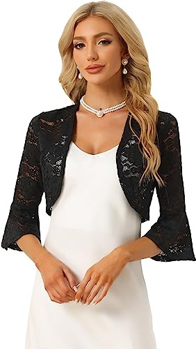 Allegra K Lace Shrug for Women's Evening Open Front Bell Sleeves Elegant Bolero Cardigan Medium Black