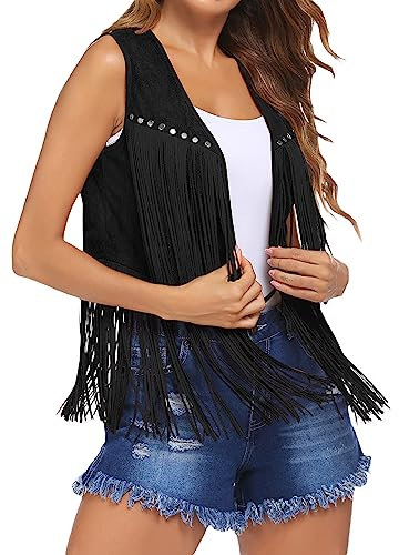 YILEEGOO Damenweste mit Quasten, Fransen, 70er-Jahre, Hippie-Kunstwildleder, Nieten, ärmellos, Jacke, Cardigan, Tops, Schwarz , 46