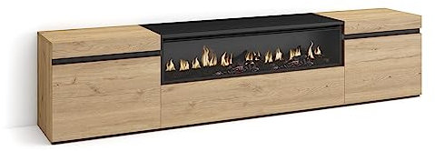 Skraut Home | Mueble TV | Televisión | Muebles de salón, almacenaje | 200x45x35cm | para TV hasta 80 | Chimenea eléctrica | Estilo Moderno | Roble y Negro