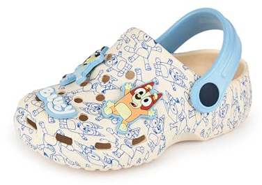 Bluey Zuecos para niño | Calzado Infantil sin Cordones con adorables Colgantes de Cachorro en Color Beige y Azul | Sandalias Estampadas para Interior y Exterior con Correa Ajustable