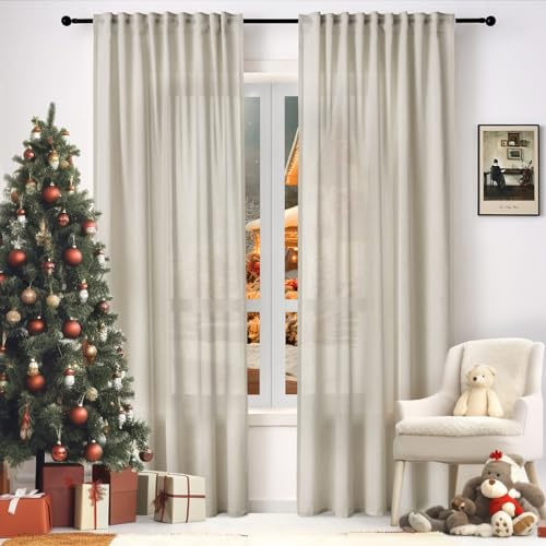 WOLTU 2er Set Gardinenn, Schiebegardine für Wohnzimmer Schlafzimmer, mit Kräuselband, Leinenoptik, Halbtransparent Voile modern, 135 x 245 cm, Sand