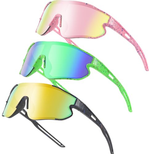 Wapreta 3PACK Kids Sunglasses Youth Baseball Sunglasses for 4-12 Boys Girls Cycling Softball Running UV400 Sports Goggles (Black Frame + Pink Frame + Green Frame)