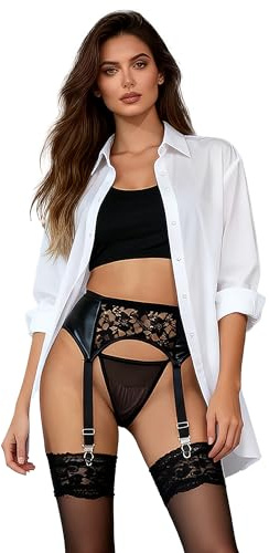 ohyeahlady Women's Plus Size Suspender Belt, High Waisted PU Leather & Floral Lace Lingerie Set with G-String,Crossdresser Clothes,4 Strong Clips for Stockings Black UK 16