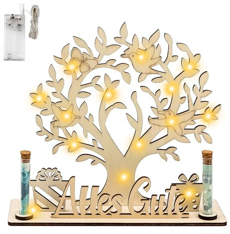 QEEYON Albero dei Soldi in Legno con Catena Luminosa a LED, Albero Della Vita Regalo di Matrimonio di Compleanno, Regalo di Denaro, Confezione per Uomini e Donne