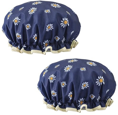 LUFFLOK 2 Stück Duschhaube, Doppelte Schicht Wasserdicht Duschhaube für Damen und Mädchen, Große Elastische Shower Cap Breite mit Elastischem Band für Kosmetik Zuhause Hotel Reisen (Dunkelblau)