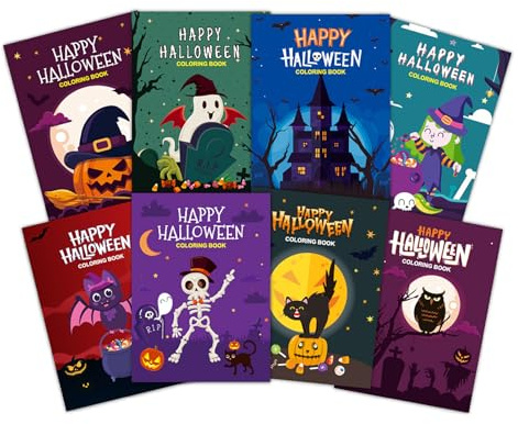 8Pcs Halloween Coloring Book Set, Mini Color-in Activity Books with Maze and Crossword Puzzles, Party Favors Classroom Gifts for Kids
