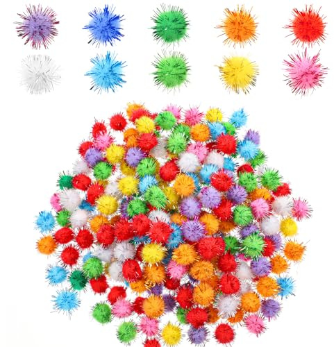 TIESOME 200 Pcs Glitter Pom Pom Balls, Assorted Sparkle Pom Poms, Glitter Fluffy Craft Pompoms, Multicolor Soft Pompoms for Crafts DIY Decorations (0.59 inch)