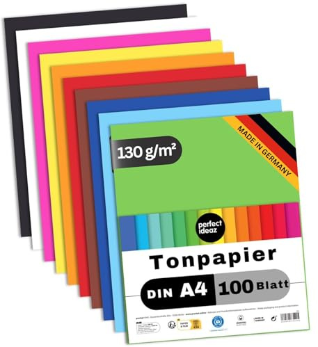 perfect ideaz 100 feuilles de Cartonette A4, Papier à dessin, teinté dans la masse, en 10 coloris différents, grammage 130 g/m², Feuilles de bricolage d'excellente qualité