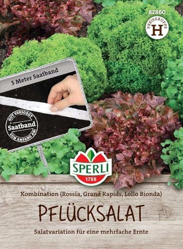 Sperli Pflücksalatsamen Kombination, Saatband 82860 – Gemüsesamen für Salat & Salatsamen – Ernte Mai-Okt, Kübelgeeignet, Sorten: Rossia, Lollo Bionda, Grand Rapids, für 5 lfd. Meter