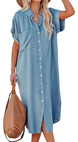 CUPSHE Damen Sommerkleid Knöpfen Kurzarm Seitenschlitz Blusenkleid Freizeitkleider Bikini Cover Up Casual Midi Shirt Dress Denimblau M