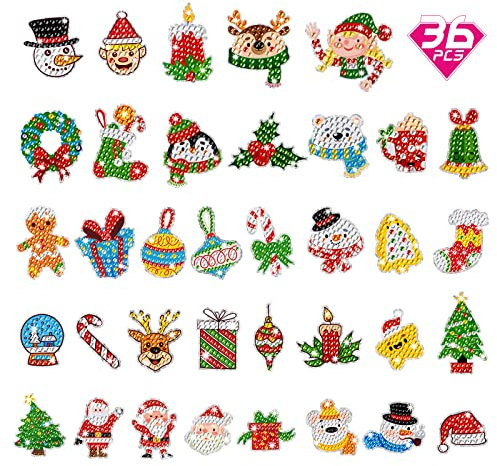 CAYUDEN Diamond Painting Kits for Kids, 36pcs Christmas Arts Paintings Stickers Kit 5D DIY Diamond Painting Xmas Mosaic Stickers Gem Arts and Crafts for Kids Party Xmas Decorations
