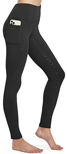 FitsT4 Sports Damen Winterreitleggings Silikon Vollbesatzreithose mit Fleecefutter mit Handytasche und Gürtelschlaufen,Schwarz,S