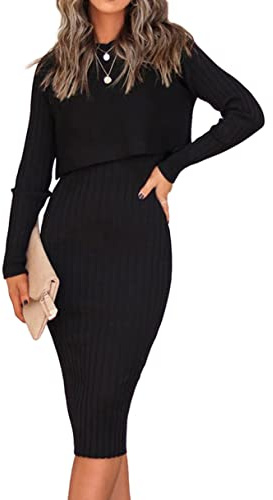 Ezbelle Women's Long Sleeve Sweater Dresses 2 Piece Outfits Sets Casual Ribbed Knit Crop Tops and Tank Bodycon Midi Dress Black Small