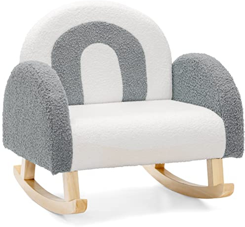 COSTWAY Silla Mecedora para Niños, Sillón Infantil Tapizado con Patas de Madera Maciza y Almohadillas Antideslizantes, Mecedora para Niños en Guardería, Sala de Juegos, Dormitorio (Gris)