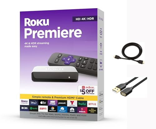 Roku 3920RW-SW Premiere, 4K/HDR Streaming Media Player, Wi-Fi Enabled, with Premium High Speed HDMI Cable and Simple Remote