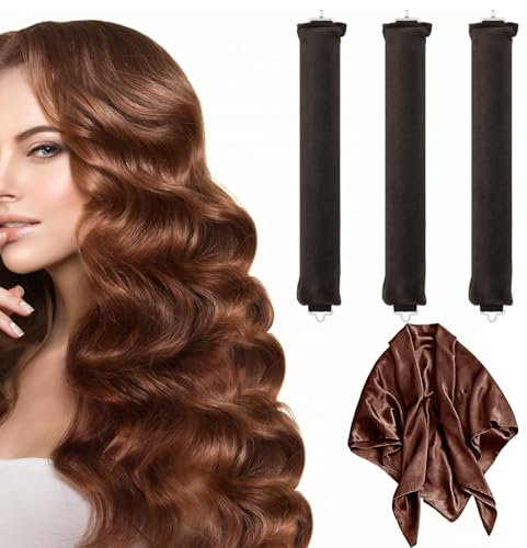 Locken Ohne Hitze Heatless Curls Band 3 Stück Lockenwickler über Nacht Overnight Blowout hitzefreie Locken über Nacht mit Haken für Kurzes Und Langes Haar (Braun)