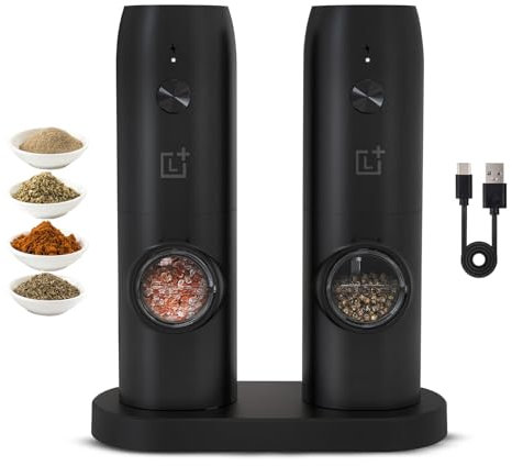 LEVADA PLUS Lot de 2 moulins à sel et poivre électriques rechargeables avec base de charge et support pour épices séchées, grossier réglable, avec lumière LED