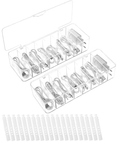 Toaren Boîte d'organisation de câbles,Rangement Cable,Boite Cable à 8 Compartiments,Boîte Rangement Câble avec Couvercle,Transparent Range Cable Bureau avec 20 Serre câbles pour Bureau,Maison
