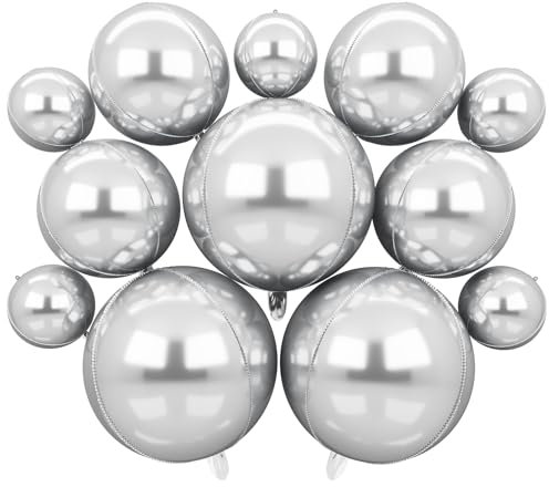 HILAVO 4D Silber Folienballons, 22 Zoll 15 Zoll 10 Zoll Groß 4D Silber Foil Ballons Silber Runde Luftballons Helium Ballons für Babyparty Geburtstags Party Dekoration Hochzeiten Jubiläen