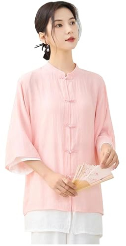 DAYKET Tai Chi Kleidung Damen Seidenleinen Kung Fu Uniform Chinesischer Stil Zen Meditation Lässig Dreiviertelärmel Morgenübungen Outfit für Frauen,Pink-XXL