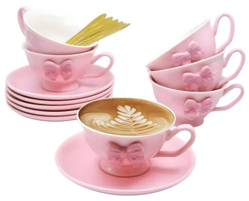 ICHAG Juego de 6 tazas de té y platillos, tazas de capuchino, juego de 6 tazas de té, tazas de té de 8 onzas con platillos y cucharas, elegante diseño de lazo, perfecto para fiestas de té, regalos y