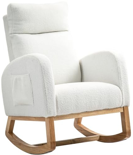 HOMCOM Schaukelstuhl, Schwingsessel, Armlehnsessel, Stillsessel mit Samtoptik, Schaukelsessel bis 120 kg belastbar, für Schlafzimmer, Wohnzimmer, Cremeweiß