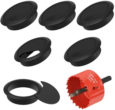 Flintronic 6 Piezas Pasacables Escritorio, 60 mm Cubierta de Orificio de Cable Negro, Cable Ojales Escritorio Computadora con Sierra Perforadoras, Escritorio Cubierta de Agujero, para Hogar y Oficina