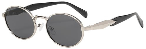 JCTAIFOO Vintage Ovale Sonnenbrille Retro Stilvolle Runde Sonnenbrille für Damen Herren Metallrahmen Brillen Silber/Dunkelgrau